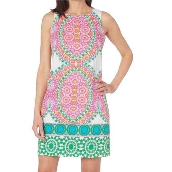 LONDON TIMES Mosaic Print Sleeveless Shift Dress Size 4 in Bright Pink Print - Picture 1 of 14